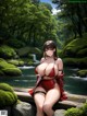 A woman in a red bikini sitting on a rock by a river.