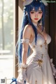 A woman with long blue hair wearing a white dress.